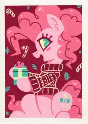 Size: 1475x2072 | Tagged: safe, artist:dandy, derpibooru import, pinkie pie, earth pony, pony, acrylic painting, christmas, christmas sweater, clothes, female, g4, hearth's warming, holiday, image, jpeg, looking at you, mare, ponk, present, solo, sweater, traditional art