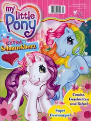 Size: 603x800 | Tagged: safe, derpibooru import, rainbow dash, sweetie belle, butterfly, earth pony, insect, unicorn, g3, 2000s, cover, cute, flower, german, heart, image, jpeg, locket, looking at you, magazine, panini, rainbow, raised hoof, smiling, smiling at you