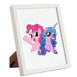 Size: 549x549 | Tagged: safe, artist:tankengine52, derpibooru import, izzy moonbow, pinkie pie, earth pony, pony, unicorn, g5, female, image, izzy and her heroine, picture frame, png, simple background, transparent background