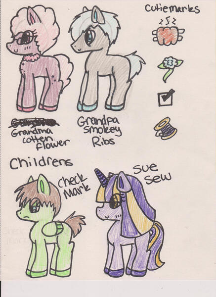 Size: 900x1236 | Tagged: safe, artist:razzle-the-dazzle, derpibooru import, oc, oc:check mark, oc:grandma cotton flower, oc:grandpa smokey ribs, oc:sue sew, unofficial characters only, earth pony, pegasus, pony, unicorn, 2012, bags under eyes, blue eyes, blush lines, blushing, chest freckles, closed mouth, colored hooves, colt, earth pony oc, female, filly, foal, folded wings, freckles, frown, glasses, golden eyes, grandfather, grandmother, horn, image, jewelry, jpeg, leg freckles, lidded eyes, male, mare, necklace, pegasus oc, pink eyes, side view, simple background, smiling, stallion, standing, traditional art, unamused, unicorn oc, white background, wings, yellow eyes