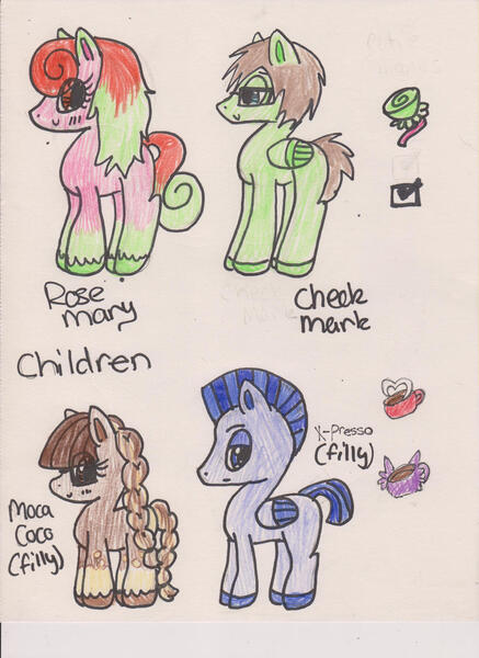 Size: 900x1236 | Tagged: safe, artist:razzle-the-dazzle, derpibooru import, oc, oc:check mark, oc:moca coco, oc:rose mary, oc:x-presso, unofficial characters only, earth pony, pegasus, pony, 2012, blush lines, blushing, braid, braided tail, closed mouth, clothes, colored hooves, colored wings, colored wingtips, colt, earth pony oc, father and child, father and daughter, father and son, female, filly, foal, folded wings, frown, glasses, image, incorrect terminology, jpeg, lidded eyes, male, mare, mohawk, mother and child, mother and daughter, mother and son, pegasus oc, siblings, simple background, smiling, socks, stallion, tail, traditional art, unshorn fetlocks, white background, wings