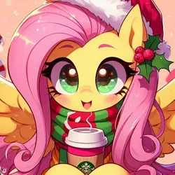 Size: 351x351 | Tagged: safe, ai content, derpibooru import, machine learning generated, prompter:bigfanbud123, fluttershy, pegasus, pony, blushing, bust, christmas, coffee cup, cup, cute, female, hat, holiday, holly, hoof hold, image, mare, open mouth, open smile, png, portrait, santa hat, shyabetes, smiling, solo, starbucks, wrong eye color