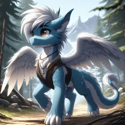 Size: 1024x1024 | Tagged: source needed, safe, ai content, derpibooru import, machine learning generated, oc, oc:brass case, dracony, dragon, feathered dragon, hybrid, amber eyes, clothes, cross, cross necklace, dracony oc, generator:bing image creator, hiking, image, jewelry, jpeg, mountain, mountain forest, mountain range, necklace, vest, white hair