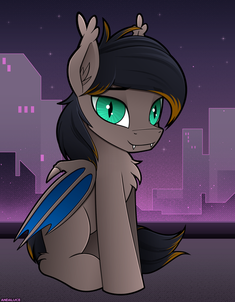 Size: 1936x2493 | Tagged: safe, alternate version, artist:andaluce, derpibooru import, oc, oc:black night, oc:blackie, unofficial characters only, bat pony, pony, aesthetics, chest fluff, city, cityscape, cute, ear fluff, image, male, ocbetes, png, solo, stallion