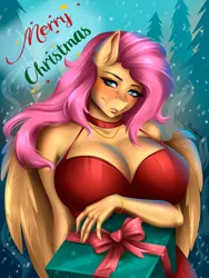 Size: 2700x3600 | Tagged: suggestive, alternate version, artist:ashimaroo, derpibooru import, fluttershy, anthro, pegasus, big breasts, blushing, breasts, busty fluttershy, choker, christmas, cleavage, clothes, commission, dress, female, g4, high res, holiday, huge breasts, image, jpeg, merry christmas, present, red dress, signature, snow, snowfall, solo, solo female, wings, ych result