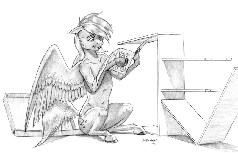 Size: 1500x961 | Tagged: safe, artist:baron engel, derpibooru import, derpy hooves, pegasus, pony, semi-anthro, belly, belly button, female, fit, g4, image, jpeg, mare, monochrome, pencil drawing, ribcage, shading, slender, solo, thin, traditional art