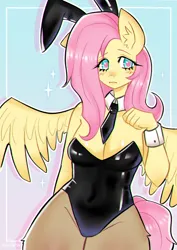 Size: 1200x1697 | Tagged: suggestive, artist:puffyrin, derpibooru import, fluttershy, anthro, pegasus, blushing, breasts, bunny ears, bunny suit, bunnyshy, cleavage, clothes, female, g4, image, png, solo, solo female, wide hips