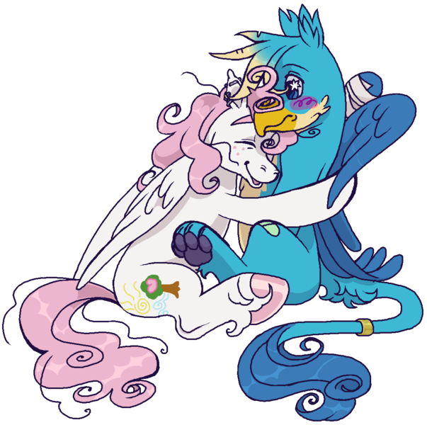Size: 1185x1179 | Tagged: safe, artist:universalheart, derpibooru import, gallus, oc, oc:summerfree apple, gryphon, pegasus, pony, 2021, blush scribble, blushing, canon x oc, eyes closed, female, hug, image, jewelry, male, mare, paw pads, paws, png, ring, shipping, simple background, smiling, straight, tail, tail ring, transparent background, underpaw, unshorn fetlocks