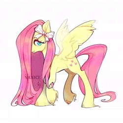 Size: 1024x1024 | Tagged: safe, artist:vaxice, derpibooru import, fluttershy, pegasus, pony, aside glance, bow, cloven hooves, concave belly, female, hair over one eye, hoof fluff, image, jpeg, long mane, looking at you, mare, raised hoof, raised leg, sideways glance, signature, simple background, slender, solo, spread wings, standing, thin, unshorn fetlocks, white background, wings