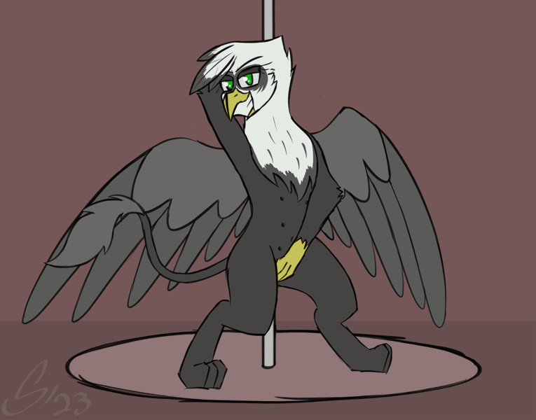 Size: 1847x1449 | Tagged: questionable, artist:somber, derpibooru import, oc, oc:stern, unofficial characters only, gryphon, fallout equestria, animated, female, gif, image, pole dancing, solo, solo female, stripper pole