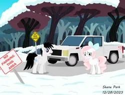Size: 8500x6440 | Tagged: safe, artist:creedyboy124, derpibooru import, oc, oc:shane park, oc:sweetheart, unofficial characters only, pegasus, unicorn, female, g4, image, male, png, snow, tree, truck