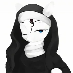 Size: 2139x2160 | Tagged: safe, artist:some_ponu, derpibooru import, pony, female, image, jpeg, lidded eyes, looking at you, mare, monochrome, nun, nun outfit, one eye closed, simple background, solo, stray strand, white background