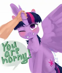 Size: 1830x2160 | Tagged: suggestive, artist:some_ponu, derpibooru import, twilight sparkle, twilight sparkle (alicorn), alicorn, pony, blushing, disembodied hand, female, g4, gritted teeth, hand, horn, horn grab, horny, image, jpeg, mare, offscreen character, offscreen human, one eye closed, pain, pun, simple background, solo focus, speech bubble, spread wings, teary eyes, teeth, visual pun, white background, wings