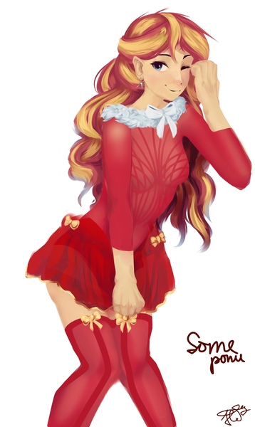 Size: 1290x2160 | Tagged: safe, artist:some_ponu, derpibooru import, sunset shimmer, human, bow, christmas, clothes, cross earring, dress, ear piercing, earring, female, g4, holiday, humanized, image, jewelry, jpeg, knees pressed together, looking at you, one eye closed, piercing, schrödinger's pantsu, simple background, skirt, skirt pull, smiling, socks, solo, thigh highs, white background, wink