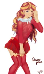 Size: 1290x2160 | Tagged: safe, artist:some_ponu, derpibooru import, sunset shimmer, human, bow, christmas, clothes, cross earring, dress, ear piercing, earring, female, g4, holiday, humanized, image, jewelry, jpeg, knees pressed together, looking at you, one eye closed, piercing, schrödinger's pantsu, simple background, skirt, skirt pull, smiling, socks, solo, thigh highs, white background, wink