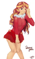 Size: 1290x2160 | Tagged: safe, alternate version, artist:some_ponu, derpibooru import, sunset shimmer, human, bow, christmas, clothes, cross earring, dress, ear piercing, earring, female, g4, holiday, humanized, image, jewelry, jpeg, knees pressed together, looking at you, one eye closed, piercing, schrödinger's pantsu, simple background, skirt, skirt pull, smiling, solo, white background, wink