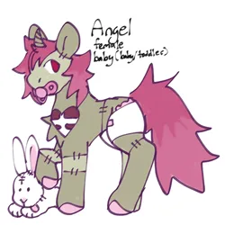 Size: 2048x2048 | Tagged: safe, artist:jackrabbit, derpibooru import, oc, oc:angel (jackrabbit), unofficial characters only, pony, rabbit, undead, unicorn, zombie, animal, baby, diaper, female, hooves, image, pacifier, plushie, png, redesign, reference sheet, solo, toddler, toy, young