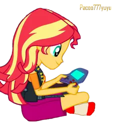 Size: 485x530 | Tagged: safe, artist:paco777yuyu, derpibooru import, sunset shimmer, human, equestria girls, clothes, female, g4, game boy, image, looking down, playing, png, simple background, smiling, socks, solo, transparent background
