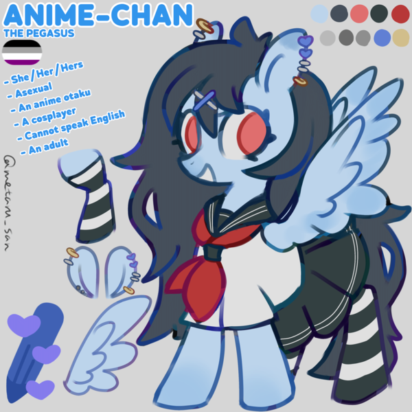 Size: 4096x4096 | Tagged: safe, artist:metaruscarlet, derpibooru import, oc, oc:anime-chan, pegasus, pony, clothes, ear piercing, earring, english, gray background, hairpin, image, jewelry, pegasus oc, piercing, png, pride, reference sheet, sailor uniform, simple background, socks, uniform, wings