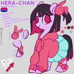 Size: 4096x4096 | Tagged: safe, artist:metaruscarlet, derpibooru import, oc, oc:hera-chan, accessory, clothes, ear piercing, earring, english, gray background, hoodie, image, jewelry, piercing, png, pride, reference sheet, ribbon, simple background