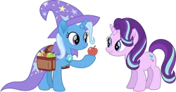 Size: 9746x5129 | Tagged: safe, artist:starryshineviolet, derpibooru import, starlight glimmer, trixie, pony, unicorn, rainbow roadtrip, absurd resolution, apple, bag, cape, clothes, duo, female, food, g4, hat, image, mare, offering, png, raised hoof, saddle bag, simple background, transparent background, trixie's cape, trixie's hat, vector