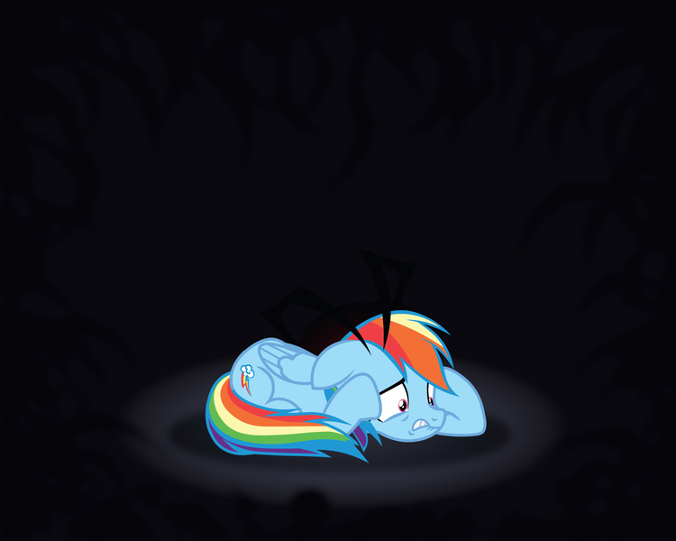 Size: 1500x1200 | Tagged: safe, artist:prixy05, derpibooru import, rainbow dash, insect, pegasus, pony, fanfic, fanfic:the rainbow curse, dark background, fanfic art, fanfic cover, female, image, lying down, mare, png, void