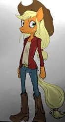 Size: 795x1497 | Tagged: safe, artist:freakazoidthunk, derpibooru import, applejack, anthro, earth pony, boots, clothes, country hick, cowboy boots, cowboy hat, farmer, hat, hick, image, mlha, my little hazards area, parody, png, shoes, solo