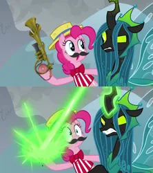 Size: 910x1024 | Tagged: safe, derpibooru import, edit, edited screencap, editor:victorfazbear, screencap, pinkie pie, queen chrysalis, changeling, changeling queen, earth pony, pony, the ending of the end, 2 panel comic, angry, bowtie, comic, duo, facial hair, fake moustache, female, hat, hoof hold, image, moustache, png, rainblower, screencap comic, straw hat, team fortress 2, ultimate chrysalis