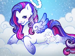 Size: 1280x960 | Tagged: safe, artist:sparkytopia, derpibooru import, pegasus, pony, g3, cloud, colored wings, fake halo, female, gradient legs, gradient wings, image, looking at you, lying down, lying on a cloud, mare, on a cloud, png, prone, smiling, snow, snow'el ii, solo, spread wings, wings