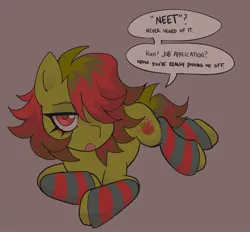 Size: 2048x1902 | Tagged: safe, artist:xxb4d_4ppl3xx, derpibooru import, oc, oc:bad apple, unofficial characters only, earth pony, pony, bags under eyes, clothes, dialogue, dyed mane, dyed tail, female, hair over one eye, image, jpeg, lidded eyes, looking at you, lying down, mare, neet, red eyes, socks, solo, speech, speech bubble, striped legwarmers, tail, talking, talking to viewer, text