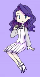 Size: 323x623 | Tagged: safe, artist:raito toko, derpibooru import, rarity, human, clothes, ear piercing, earring, female, high heels, humanized, image, jewelry, jpeg, light skin, no nose, piercing, pixiv, pleated skirt, purple background, shoes, simple background, skirt, smiling, solo