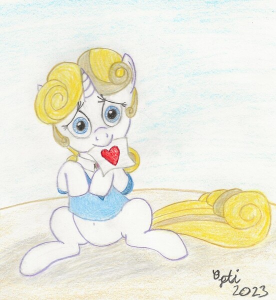 Size: 1017x1106 | Tagged: safe, artist:opti, derpibooru import, oc, oc:guiding light, pony, unicorn, belly button, heart, image, jpeg, mouth hold, note, sitting, traditional art