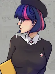 Size: 2400x3200 | Tagged: safe, artist:nogardon, artist:suracao, derpibooru import, twilight sparkle, human, alternate hairstyle, beret, blushing, book, breasts, bust, busty twilight sparkle, clothes, cute, deviantart watermark, ear piercing, earring, female, glasses, gray background, hat, high res, humanized, image, jewelry, jpeg, newspaper, obtrusive watermark, piercing, shirt, short hair, signature, simple background, smiling, solo, sweater, turned head, twiabetes, watermark