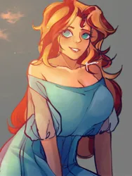 Size: 2400x3200 | Tagged: safe, artist:suracao, derpibooru import, sunset shimmer, human, big breasts, breasts, busty sunset shimmer, cleavage, clothes, dress, gray background, grin, high res, humanized, image, jpeg, see-through sleeves, signature, simple background, smiling, solo