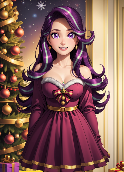 Size: 3618x5000 | Tagged: prompter needed, safe, ai content, derpibooru import, machine learning generated, starlight glimmer, human, between breasts, big breasts, bow, breasts, bust, busty starlight glimmer, christmas, christmas tree, cleavage, clothes, costume, ear piercing, earring, female, g4, giantess, holiday, humanized, image, jewelry, long hair, looking at you, ornaments, piercing, png, present, santa costume, shipping, skirt, smiling, solo, tree, when you see it