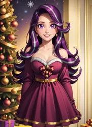 Size: 3618x5000 | Tagged: prompter needed, safe, ai content, derpibooru import, machine learning generated, starlight glimmer, human, between breasts, big breasts, bow, breasts, bust, busty starlight glimmer, christmas, christmas tree, cleavage, clothes, costume, ear piercing, earring, female, g4, giantess, holiday, humanized, image, jewelry, long hair, looking at you, ornaments, piercing, png, present, santa costume, shipping, skirt, smiling, solo, tree, when you see it