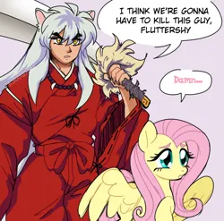 Size: 900x888 | Tagged: safe, artist:kirakensa, derpibooru import, fluttershy, demon, pegasus, pony, anime, crossover, dialogue, female, g4, i think we're gonna have to kill this guy, image, inuyasha, inuyasha (character), male, mare, meme, partially open wings, png, simple background, tetsusaiga, wings