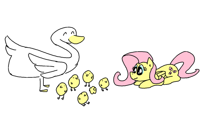 Size: 1340x860 | Tagged: safe, artist:purblehoers, derpibooru import, fluttershy, bird, duck, pegasus, pony, birb, exploitable meme, female, happy, image, lying down, mare, meme, ms paint, nature is so fascinating, obligatory pony, png, round, simple background, smiling, white background