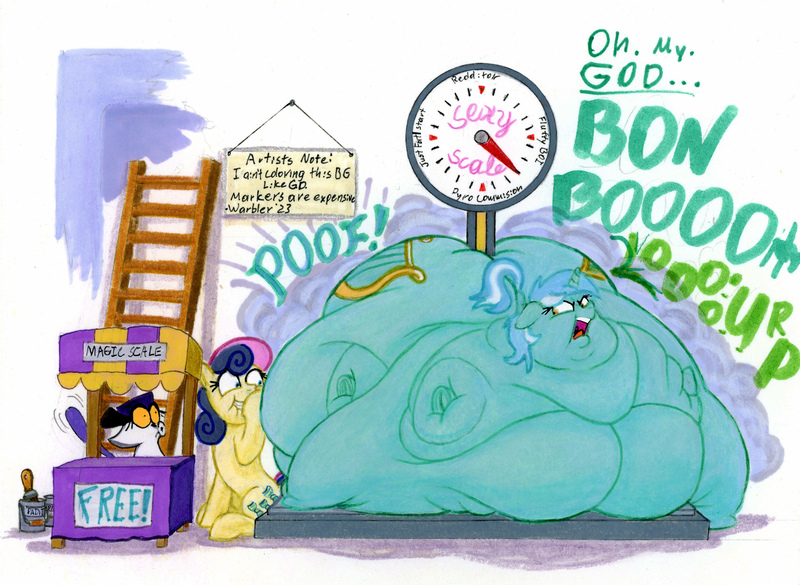 Size: 4769x3489 | Tagged: questionable, artist:white-eyed vireo, derpibooru import, bon bon, lyra heartstrings, sweetie drops, pony, unicorn, bed, belly, belly bed, big belly, bingo wings, blob, burp, butt, chubby cheeks, double chin, drawing, fat, fat fetish, female, fetish, flabby chest, g4, huge belly, huge butt, image, immobile, impossibly large belly, impossibly obese, jpeg, lard-ra heartstrings, large butt, morbidly obese, multichin, neck roll, obese, rolls of fat, stuffed belly, traditional art