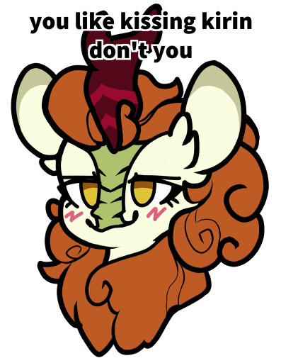 Size: 397x512 | Tagged: safe, alternate version, artist:jennithedragon, derpibooru import, autumn blaze, kirin, alternate character, amber eyes, blush lines, blushing, boykisser, bust, dialogue, digital art, eyelashes, female, horn, image, looking at you, mane, mauzymice, meme, no pupils, orange hair, orange mane, parody, png, ponified meme, scales, simple background, smug, solo, text, white background, yellow body, yellow coat, yellow eyes, yellow fur