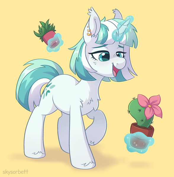 Size: 1926x1965 | Tagged: oc name needed, safe, artist:skysorbett, derpibooru import, oc, unofficial characters only, pony, unicorn, cactus, chest fluff, ear piercing, earring, eyebrows, female, flower pot, freckles, glow, glowing horn, horn, image, jewelry, levitation, lidded eyes, magic, magic aura, mare, open mouth, open smile, piercing, plant, png, simple background, smiling, solo, telekinesis, unicorn oc