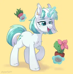 Size: 1926x1965 | Tagged: oc name needed, safe, artist:skysorbett, derpibooru import, oc, unofficial characters only, pony, unicorn, cactus, chest fluff, ear piercing, earring, eyebrows, female, flower pot, freckles, glow, glowing horn, horn, image, jewelry, levitation, lidded eyes, magic, magic aura, mare, open mouth, open smile, piercing, plant, png, simple background, smiling, solo, telekinesis, unicorn oc
