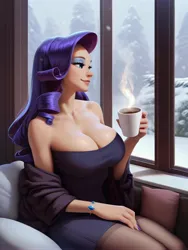 Size: 3072x4096 | Tagged: suggestive, ai content, derpibooru import, machine learning generated, stable diffusion, rarity, human, beautiful, big breasts, bracelet, breasts, busty rarity, cleavage, coffee mug, comfy, couch, female, g4, generator:pony diffusion v6 xl, generator:purplesmart.ai, hot coffee, humanized, image, jewelry, jpeg, mug, prompter:frw, sexy, smiling, snow, solo, solo female, strapless, stupid sexy rarity, window, winter