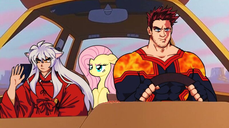 Size: 1278x715 | Tagged: safe, artist:kirakensa, derpibooru import, fluttershy, demon, human, pegasus, pony, crossover, driving, endeavor, female, frown, goofy movie meme, image, inuyasha, inuyasha (character), jpeg, mare, meme, my hero academia, todoroki enji, unamused