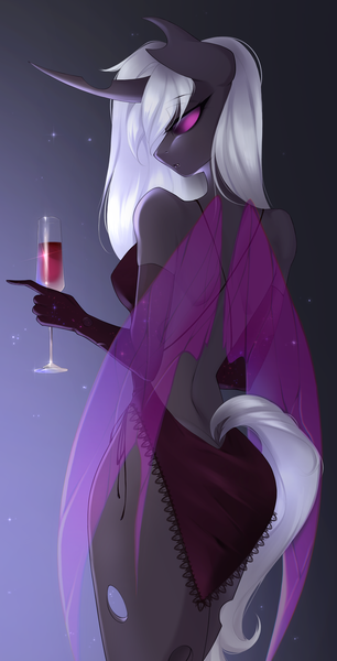 Size: 2064x4044 | Tagged: suggestive, artist:u_lu_lu, derpibooru import, oc, oc:helia fey, unofficial characters only, anthro, changeling, alcohol, clothes, dress, evening gloves, female, gloves, image, long gloves, looking at you, looking back, looking back at you, png, red wine, solo, solo female, wine