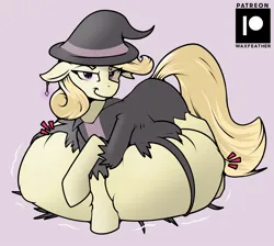 Size: 2048x1837 | Tagged: suggestive, artist:wax feather, derpibooru import, oc, oc:haunted gemstone, unofficial characters only, earth pony, pony, belly, big belly, clothes, digestion, earth pony oc, female, glow, glowing eyes, hat, image, jpeg, mare, patreon, torn clothes, unknown prey, vore, witch, witch hat