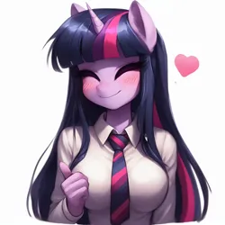 Size: 2048x2048 | Tagged: safe, ai content, derpibooru import, machine learning generated, prompter:krivovyaz, twilight sparkle, anthro, unicorn, blushing, clothes, eyes closed, generator:bing image creator, heart, image, necktie, png, shirt, smiling, solo, thumbs up