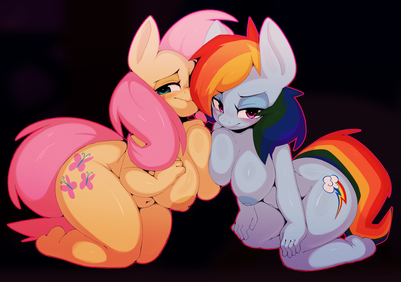 Size: 2705x1907 | Tagged: questionable, artist:sinrizuki, derpibooru import, fluttershy, rainbow dash, anthro, g4, blushing, breasts, breasts touching, busty fluttershy, busty rainbow dash, female, flutterdash, hands on breasts, hands on knees, image, kneeling, lesbian, looking at you, looking away, nipples, nudity, png, shipping