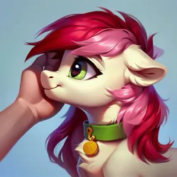 Size: 1024x1024 | Tagged: safe, ai content, derpibooru import, machine learning generated, prompter:doom9454, stable diffusion, roseluck, earth pony, human, pony, behaving like a cat, chest fluff, collar, female, female focus, g4, generator:purplesmart.ai, hand, human on pony petting, image, jpeg, offscreen character, offscreen human, pet tag, petting, pony pet, rosepet, simple background, smiling, solo focus