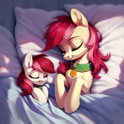 Size: 620x619 | Tagged: safe, ai content, derpibooru import, machine learning generated, prompter:doom9454, stable diffusion, roseluck, earth pony, pony, age difference, bed, behaving like a cat, collar, duality, duo, duo female, eyes closed, female, g4, generator:purplesmart.ai, image, jpeg, on bed, pet tag, pony pet, rosepet, size difference